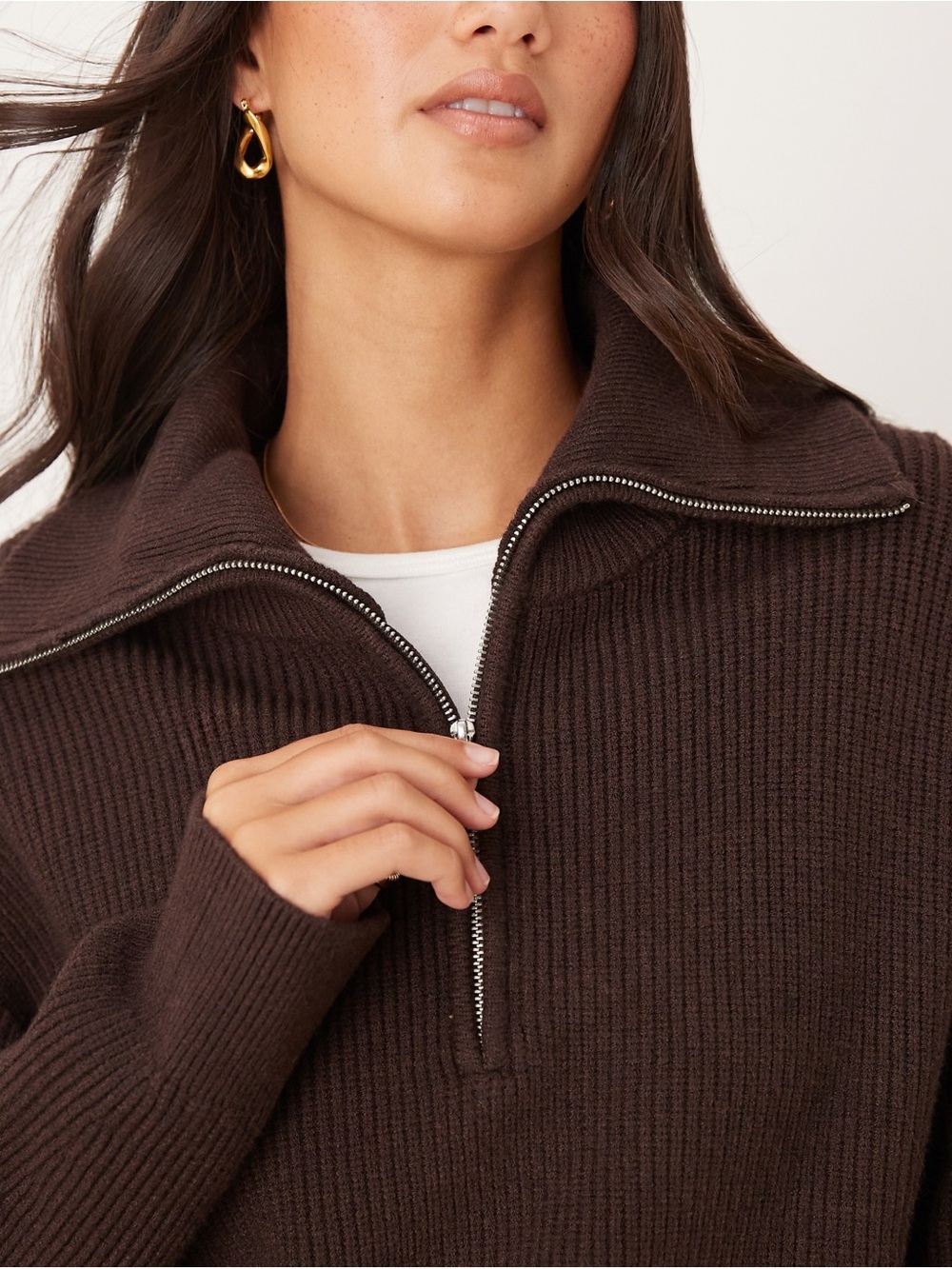 Mango knit quarter zip sweater in brown XS
